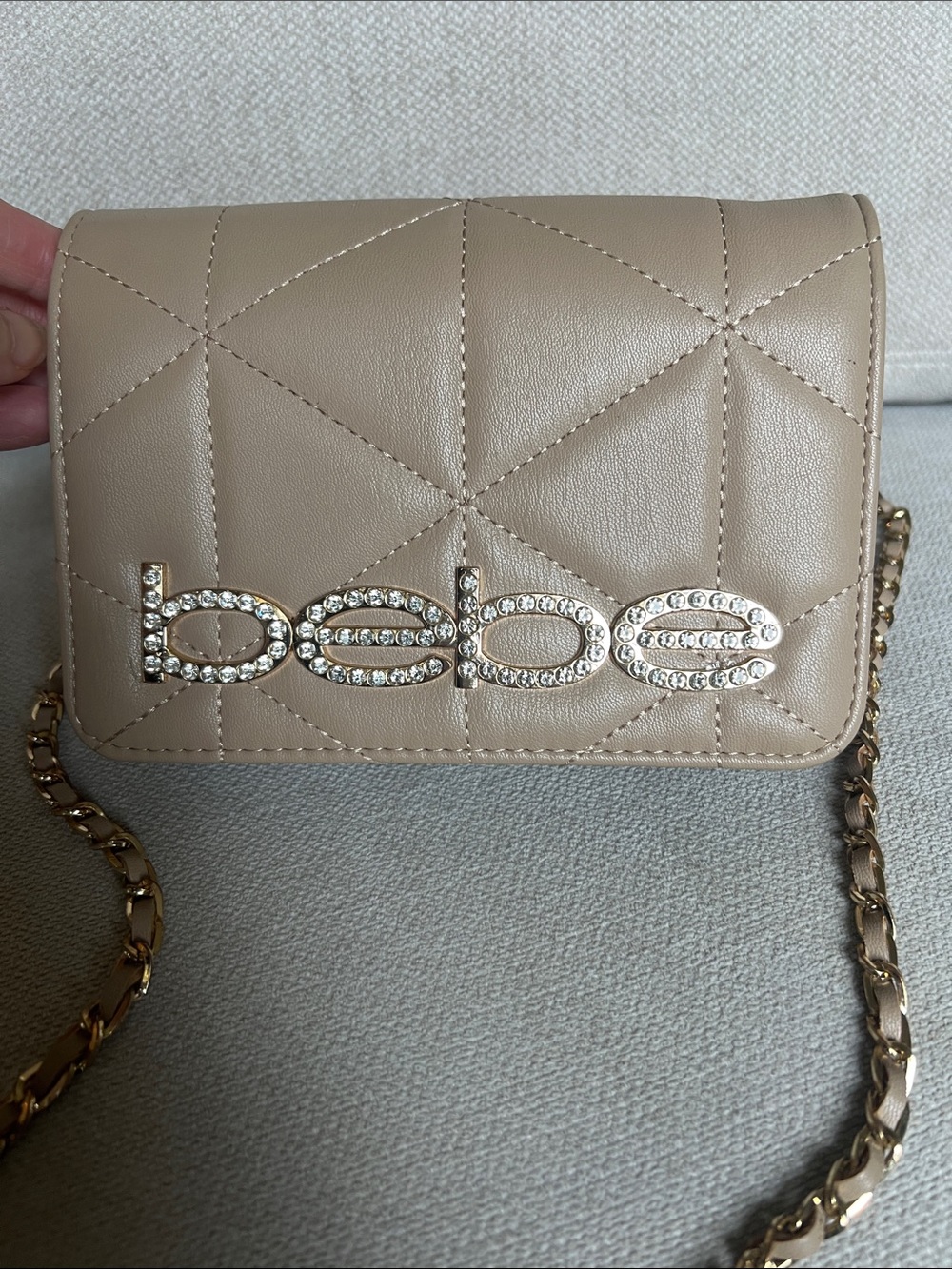 bebe Quilted Crossbody Bag in Taupe with Crystal Logo & Gold Chain